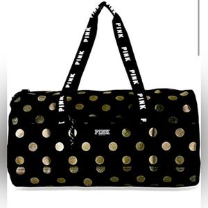 PINK Victoria's Secret Black with Gold Polka Dots Duffle Bag